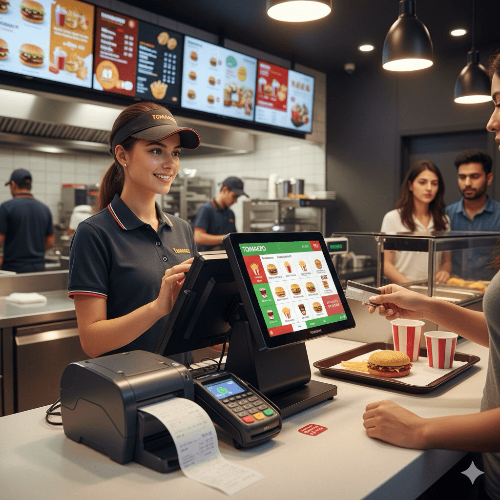 Quick service restaurant kitchen with digital displays